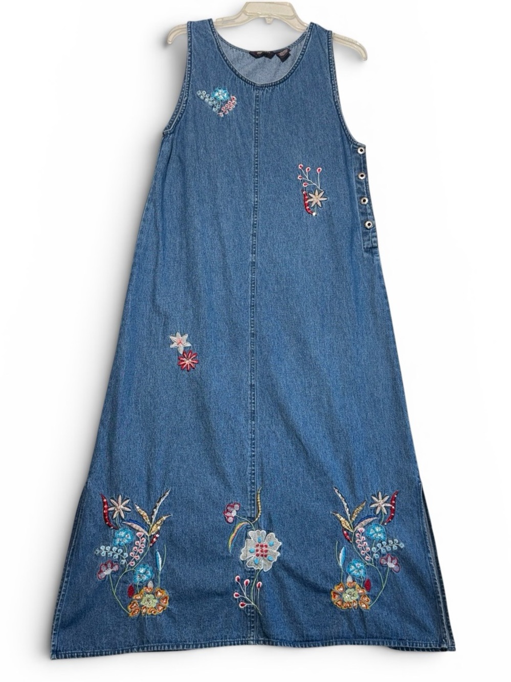 VTG 90s Agapo Floral Embroidered Denim Maxi Jumper Dress Women Size S
